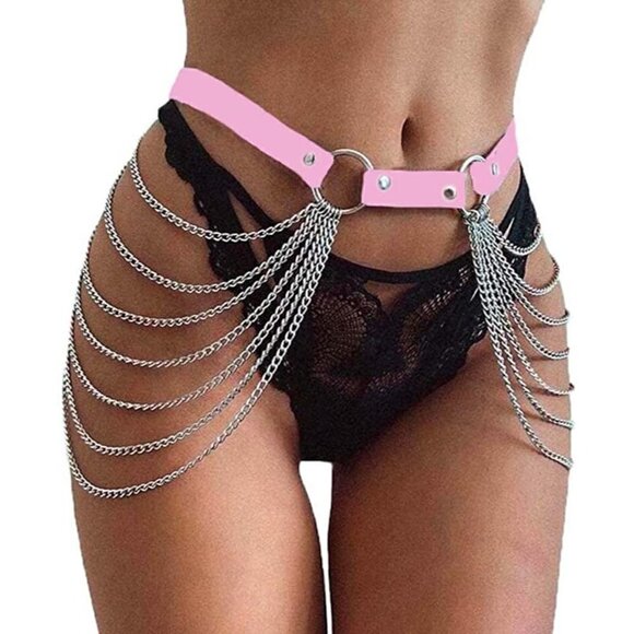 Blk Layered Punk Waist Chain Belt Leather Body Jewelry Bondage BDSM NWT - Picture 9 of 10